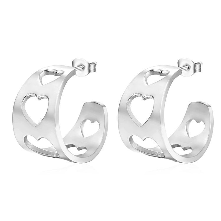 Wholesale  hollow heart C- shaped wide surface stainless steel earrings