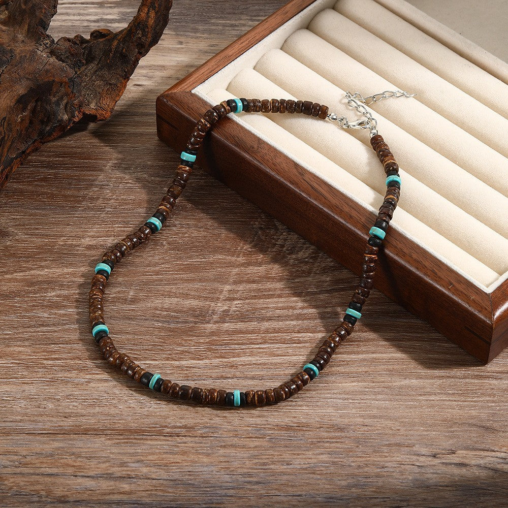 Wholesale Men' s Bohemian Wood Necklace with Zinc Alloy Pendant Retro Summer Gift