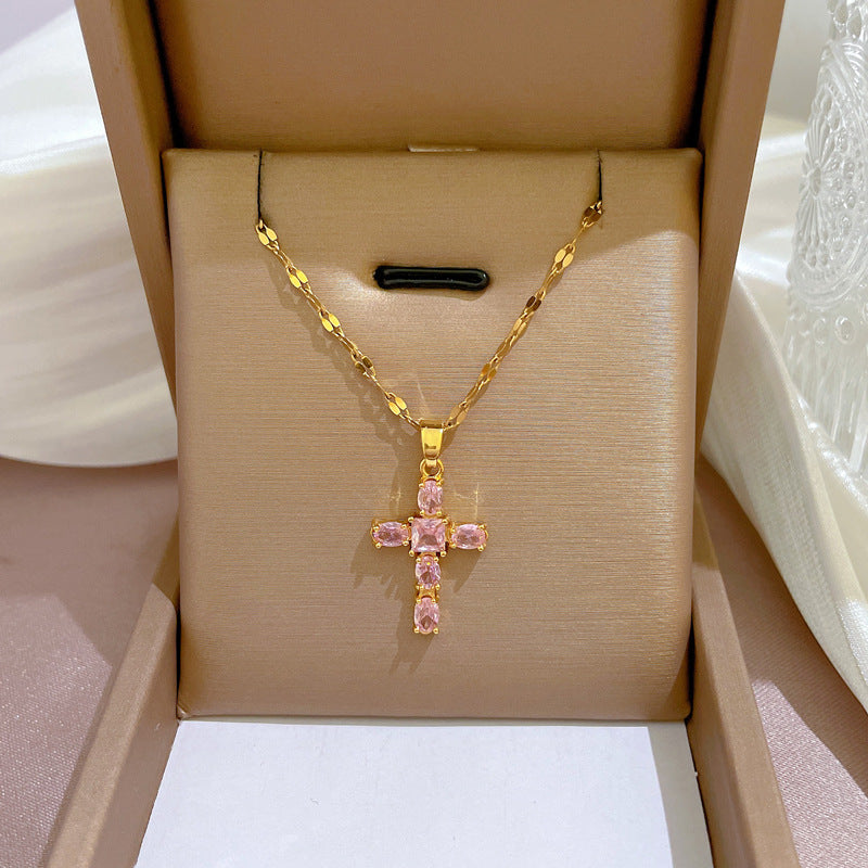 Wholesale Zircon Cross Fine Micropaved Titanium Steel Necklace Clavicle Chain