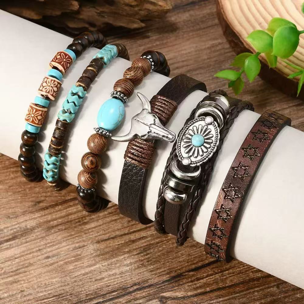 Wholesale Alloy Woven Bohemian Bull Head Bracelet 6 Piece Set Fashion Accessory for Resale