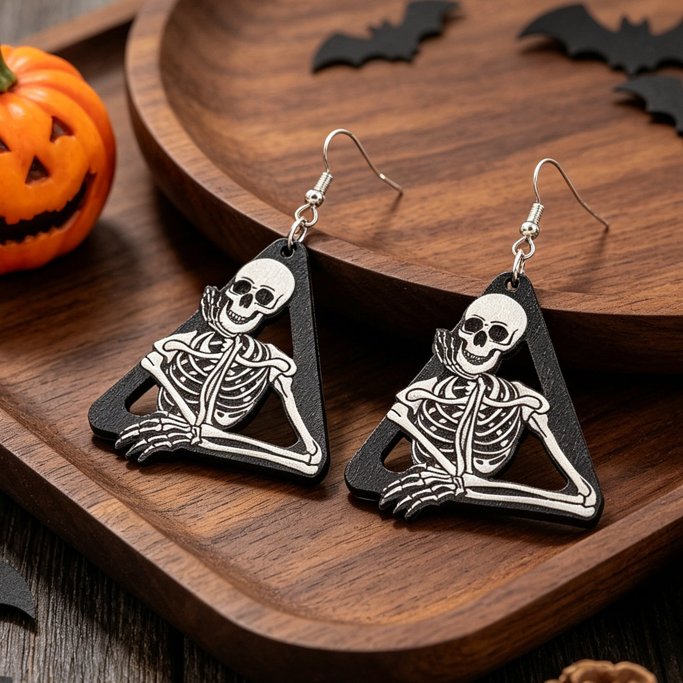Wholesale Wooden Triangle Skull Earrings  Cartoon Print Fashion Jewelry Accessory