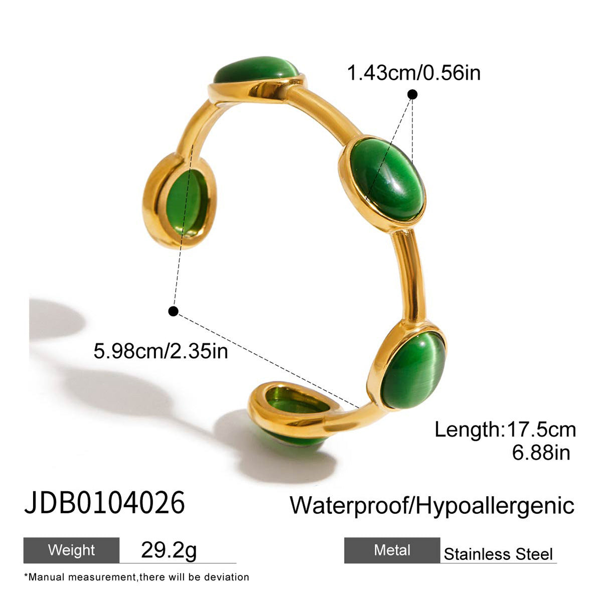 Wholesale 18K Gold Stainless Steel Natural Stone Oval Open Bracelet