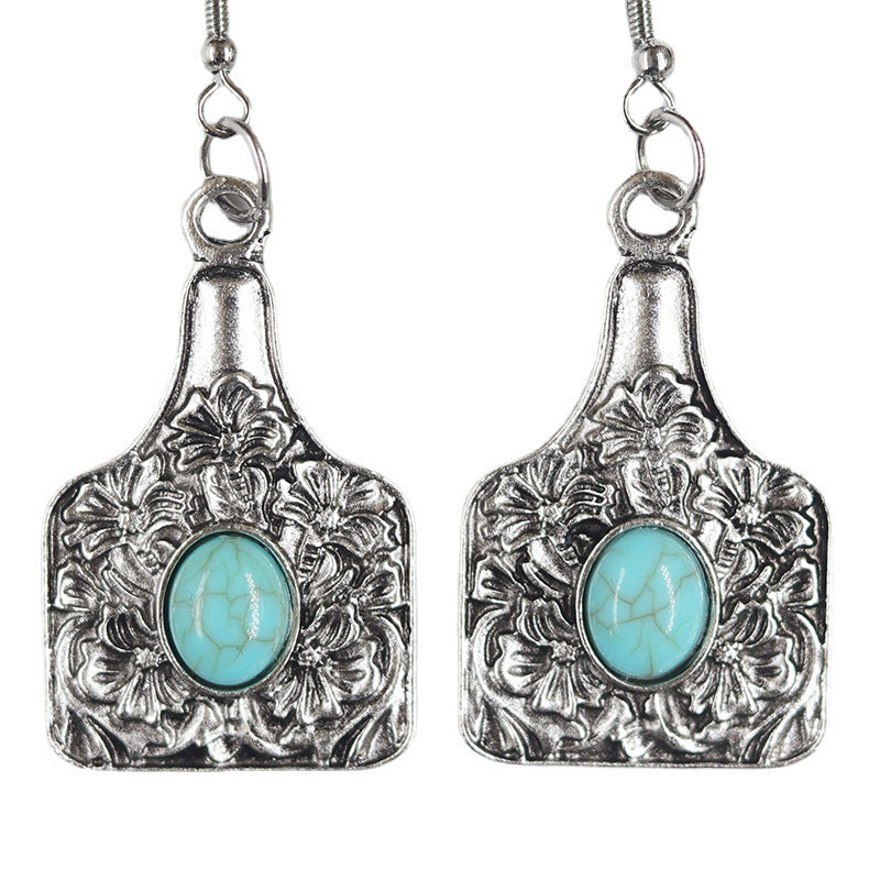 Wholesale Western old denim style alloy turquoise sunflower cactus retro ethnic style flower earrings