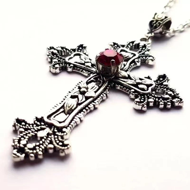 Wholesale Gothic Ruby Cross Necklace  Retro Flower Lover Pendant