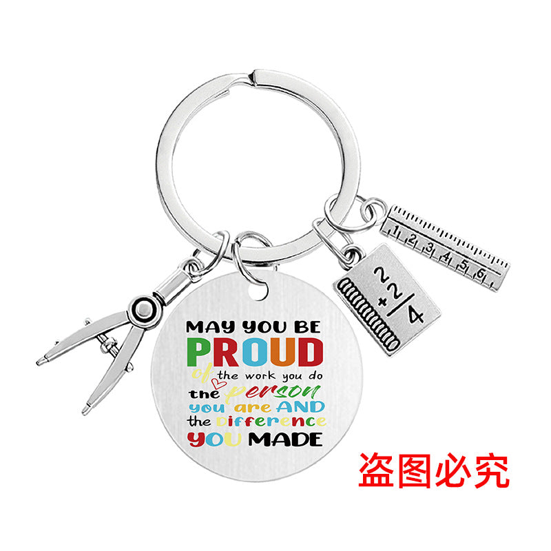 Wholesale Color Printing Gratitude Teacher Compasses Ruler Metal Keychain Holiday Gift Teacher's Day Pom Pom ACC-KC-Ganggu015