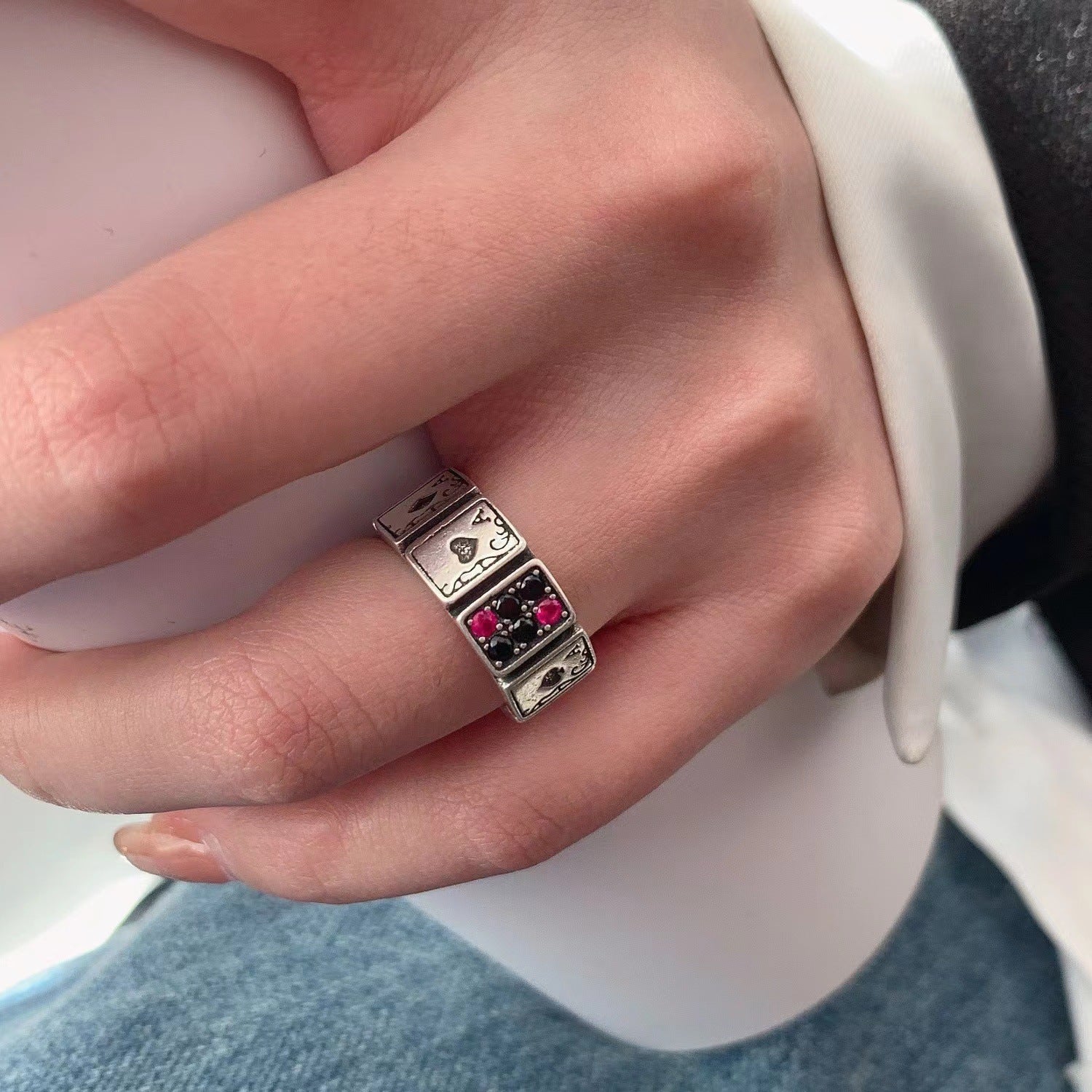 Wholesale s925 silver poker zircon vintage adjustable  ring