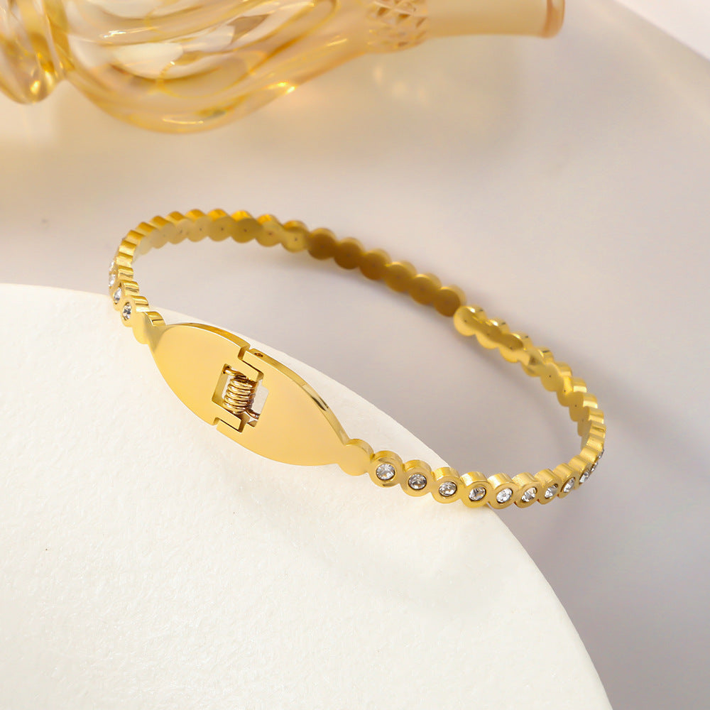 Wholesale Chic Rhinestone Open Bangle Stainless Steel Gold Fashion Jewelry Boutique Resale