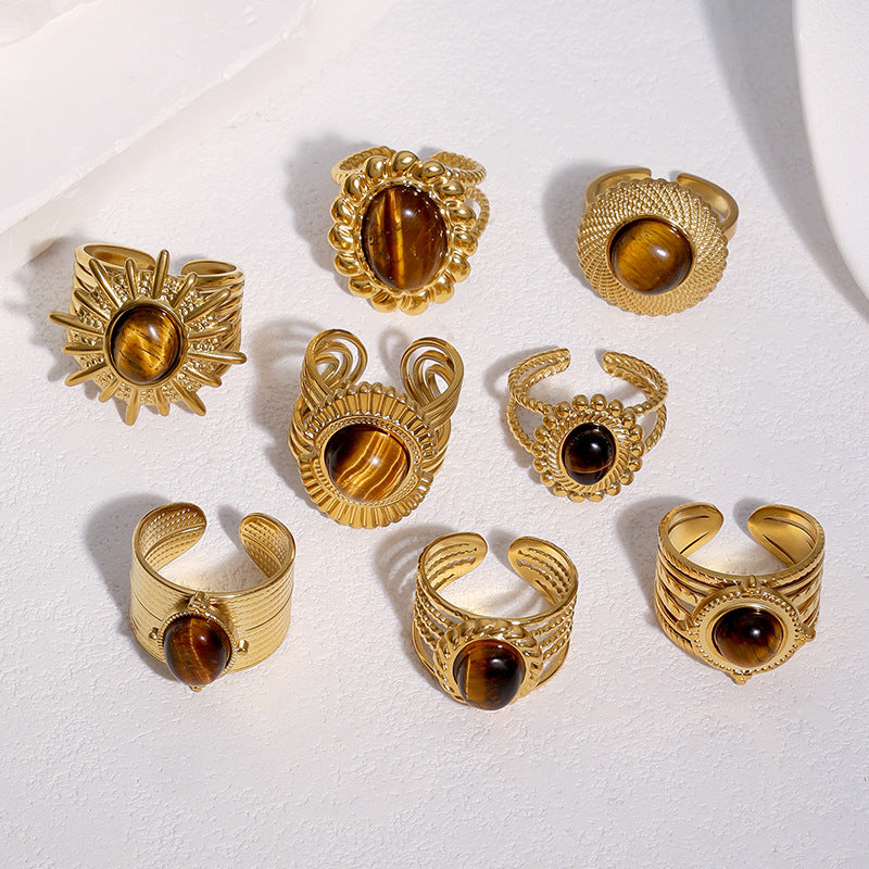 Wholesale Vintage Stainless Steel Open Ring Tiger Eye Stone Fashion Accessory for Resale