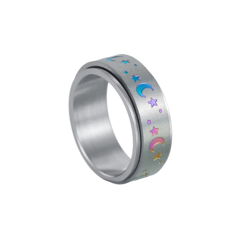 Wholesale 8MM rotatable electroplating color star Moon stainless steel ring