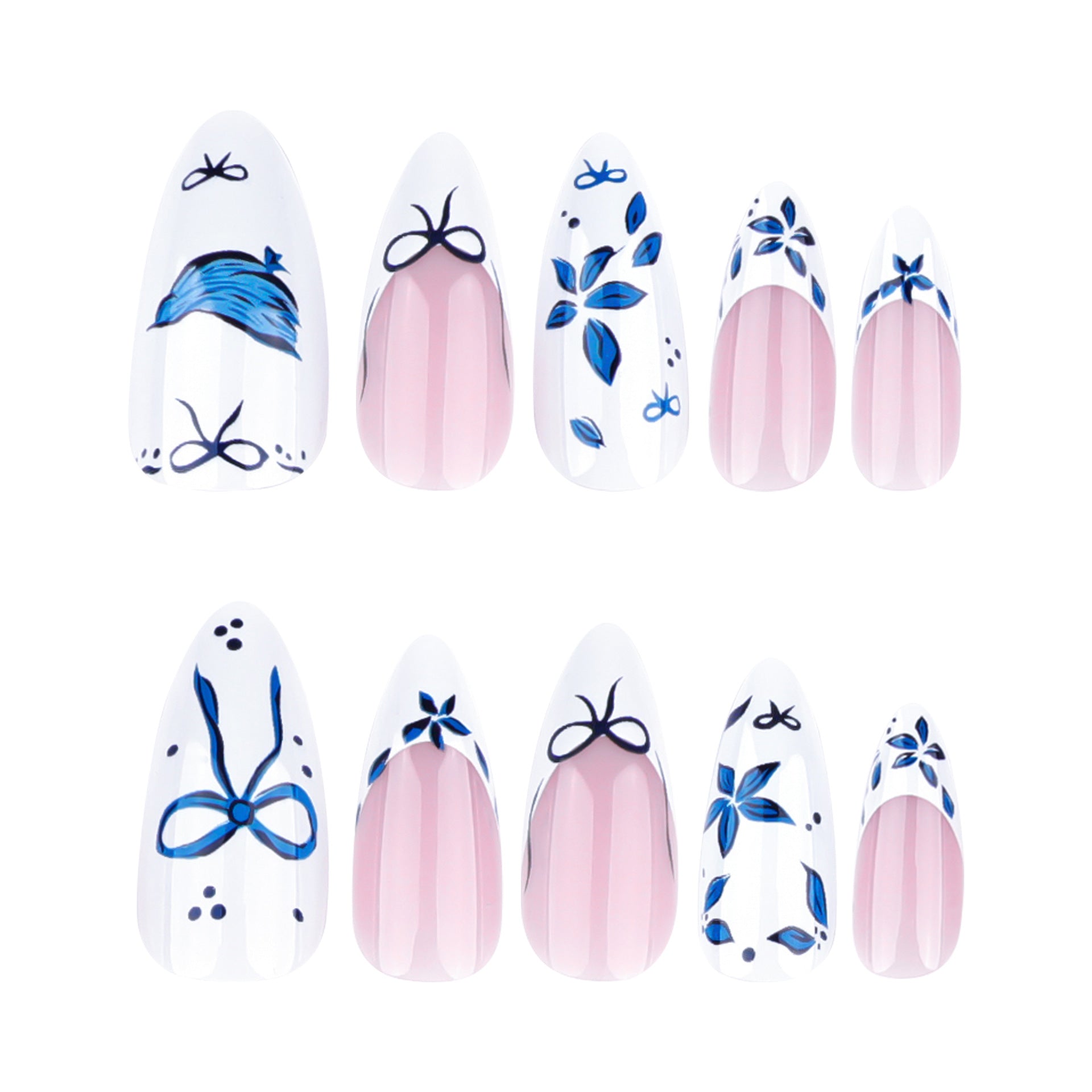 Wholesale 24 Pieces/box Blue Bow Flower Nails Kits Nail Stickers