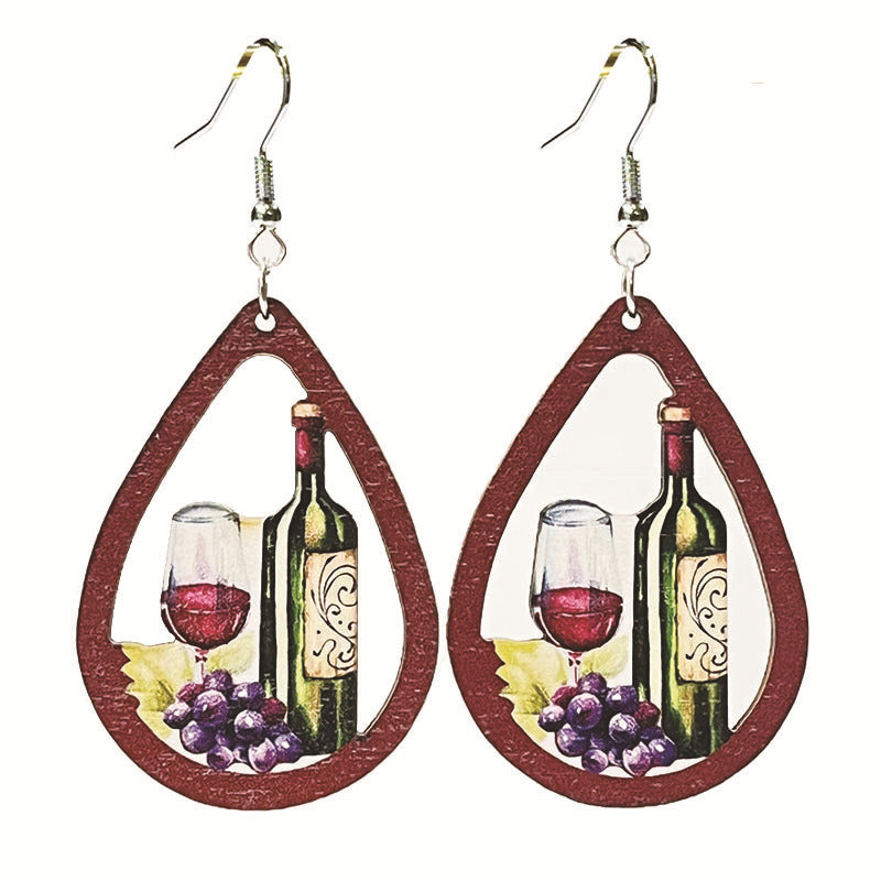 Wholesale Retro Wooden Cat Earrings For Wine Lovers Party Jewelry Accessory