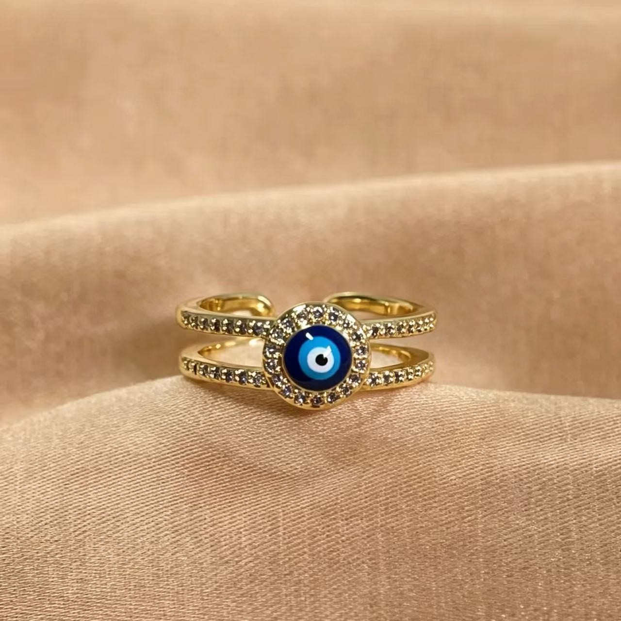 Wholesale 18K Gold Plated Brass Devil' s Eye Open Ring with Blue Zircon Jewelry Accessory