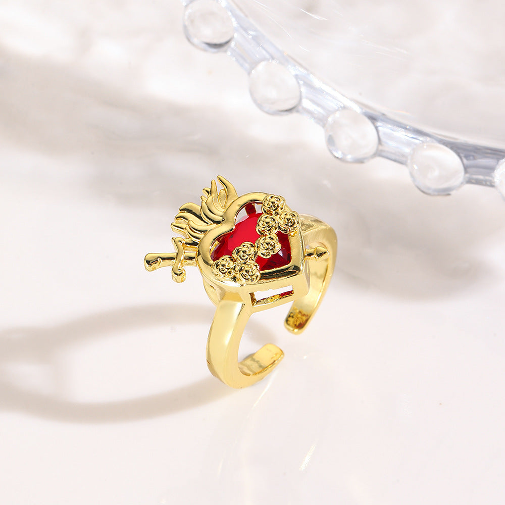 Wholesale Stylish Crown Heart Zircon Open Ring For Women Red Copper Fashion Jewelry Accessory For Everyday Wear And Boutique Resale