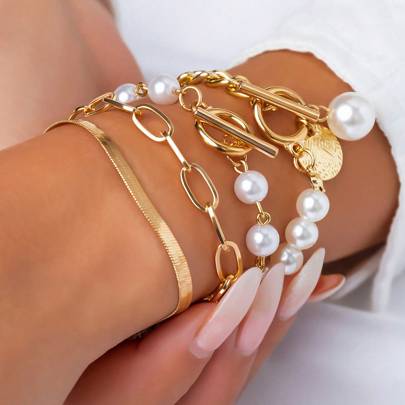 Wholesale Trendy Pearl Multi-Layer Bracelet Set Gold OT Clasp Jewelry Accessory