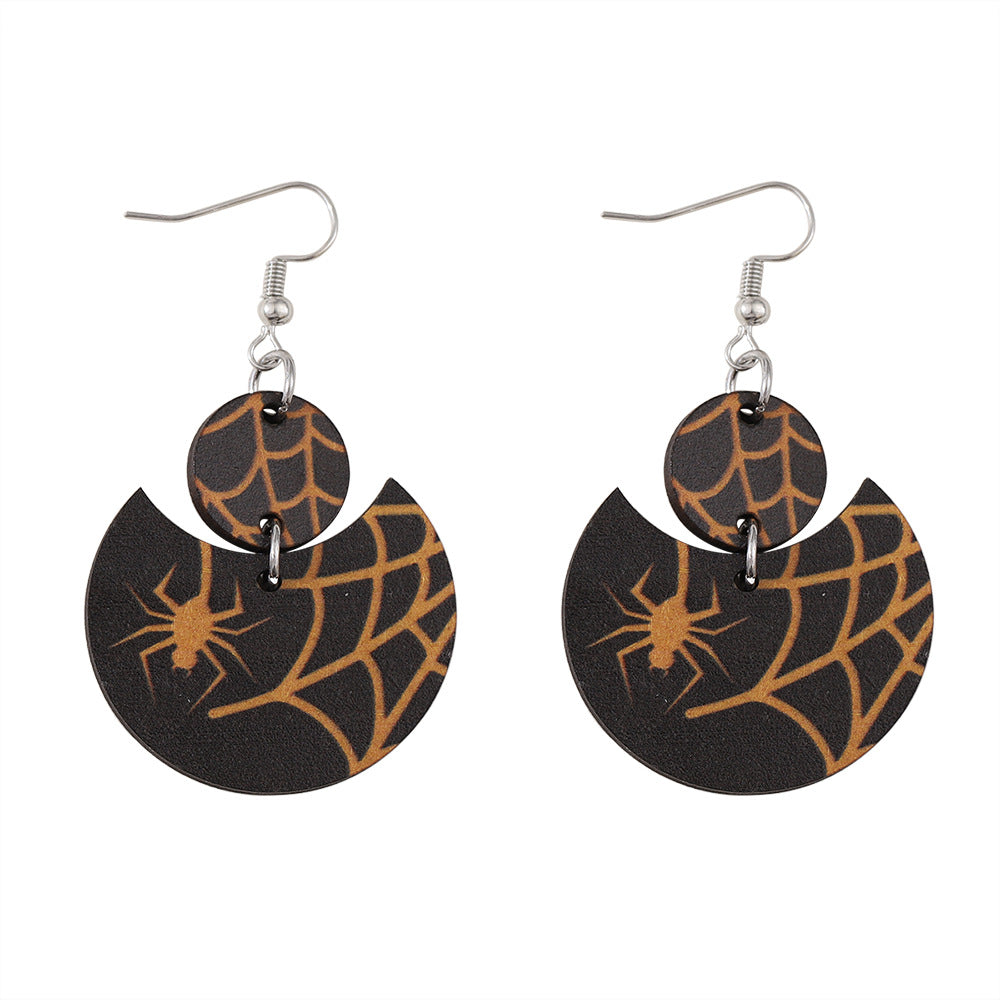 Wholesale  Gothic Pumpkin Color Wooden Double-sided Crescent Pendant Earrings