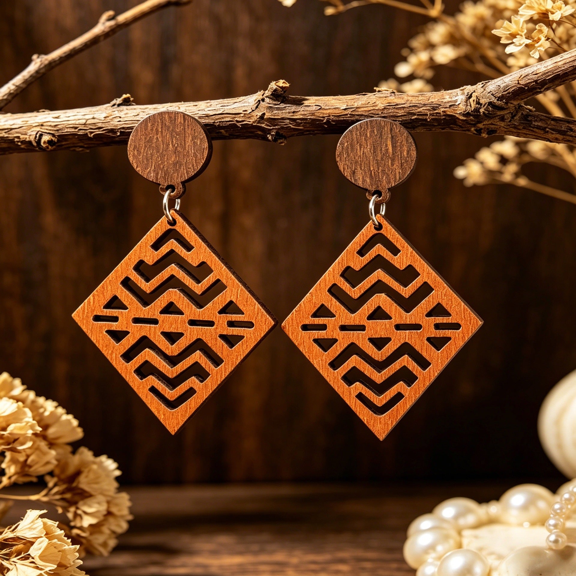 Wholesale Wood Earrings Bohemian Diamond Hollow Wave Pattern Retro Style Gift for Women