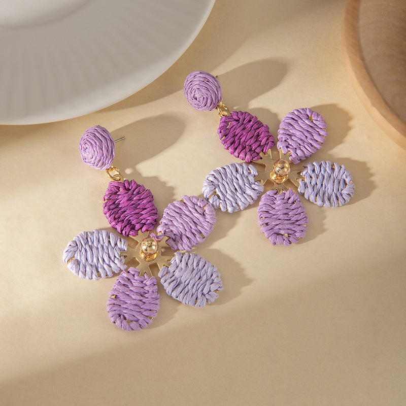 Wholesale Summer Vacation Colorful Woven Raffia Flower Earrings Women S Fashion Accessory Boutique Resale Gift