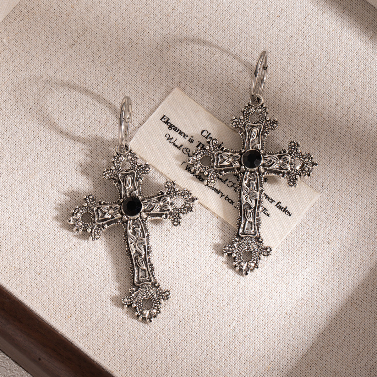 Wholesale Exaggerated antique silver alloy flower vine cross earrings