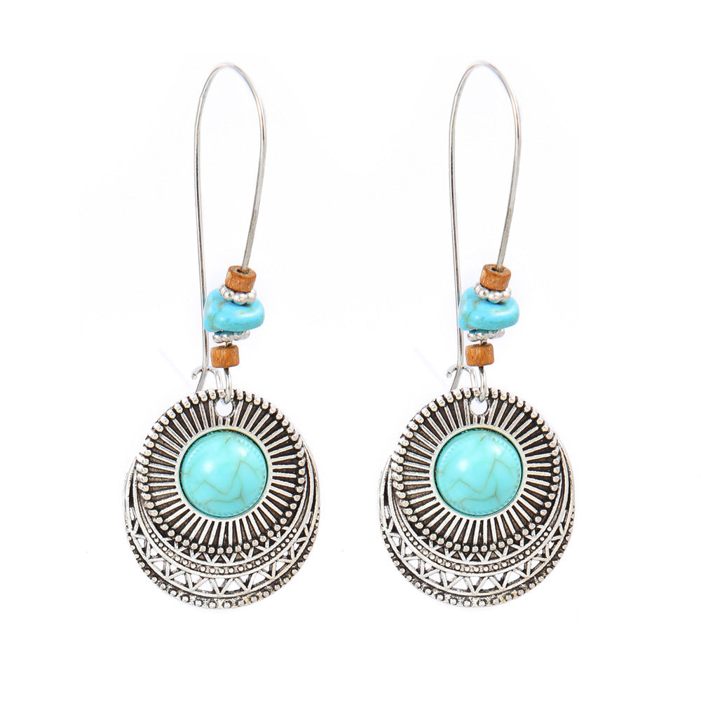 Wholesale Turquoise Geometric Tassel Earrings Antique Silver Retro Fashion Accessory for Everyday Wear or Gift
