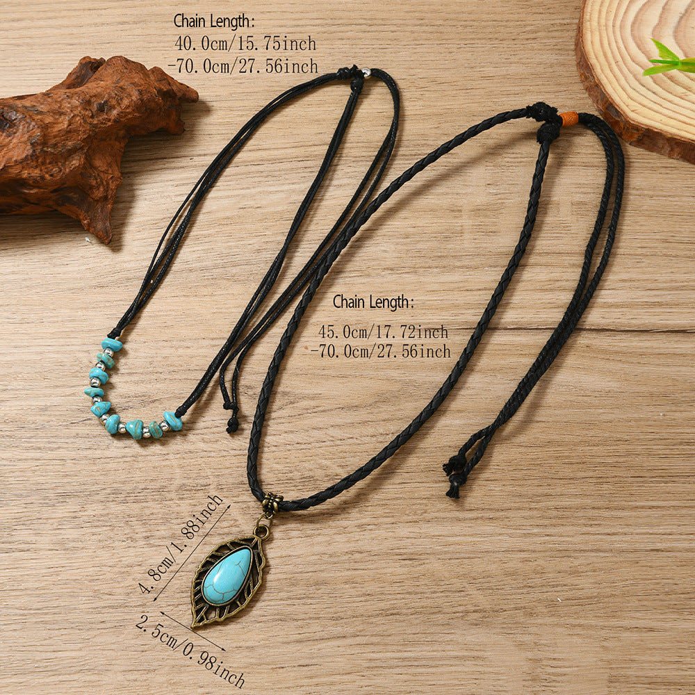 Wholesale Western-style openwork leaf turquoise necklace set 2 pieces