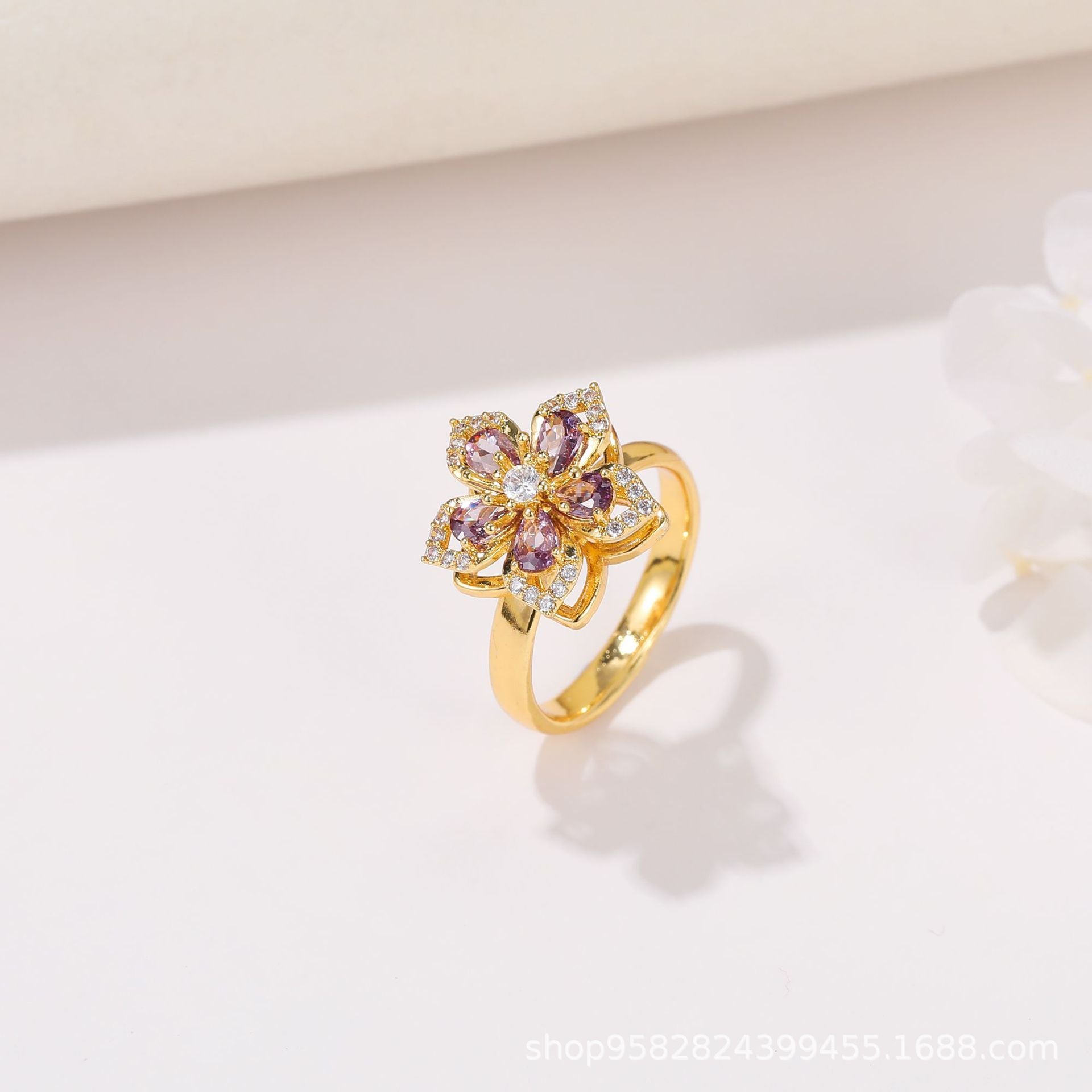 Wholesale 360° Rotating Double-Layer Flower Ring Gold Plated Zircon Fashion Accessory Boutique Gift