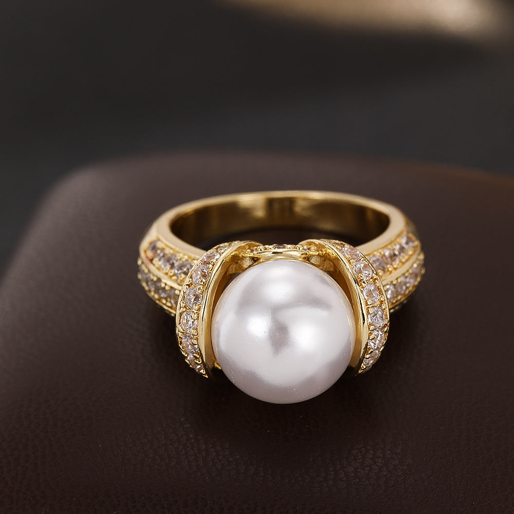 Wholesale Elegant Zircon Pearl Gold Plated Ring For Women Stylish Wedding Jewelry Fashion Accessory Boutique Resale