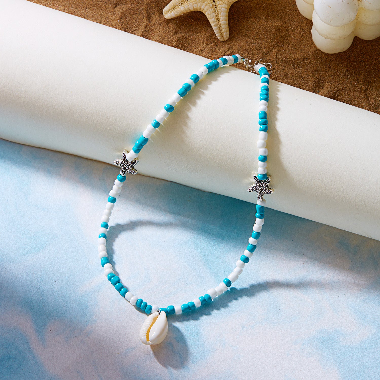 Wholesale  Bohemian Style Double Layer Starfish Shell Rice Beads Card Necklace