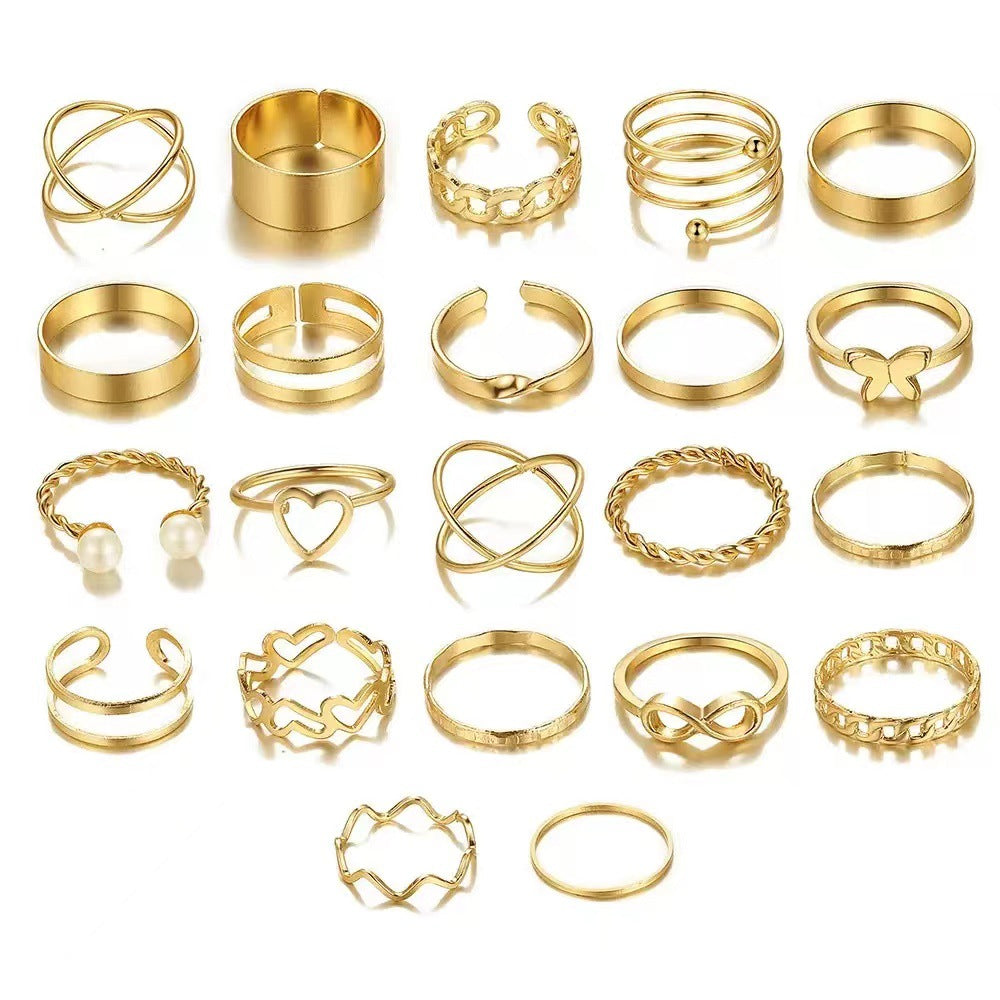 Wholesale Gold Zinc Alloy Geometric Hollow Heart Ring Set 22 Pieces Adjustable Women S Fashion Jewelry