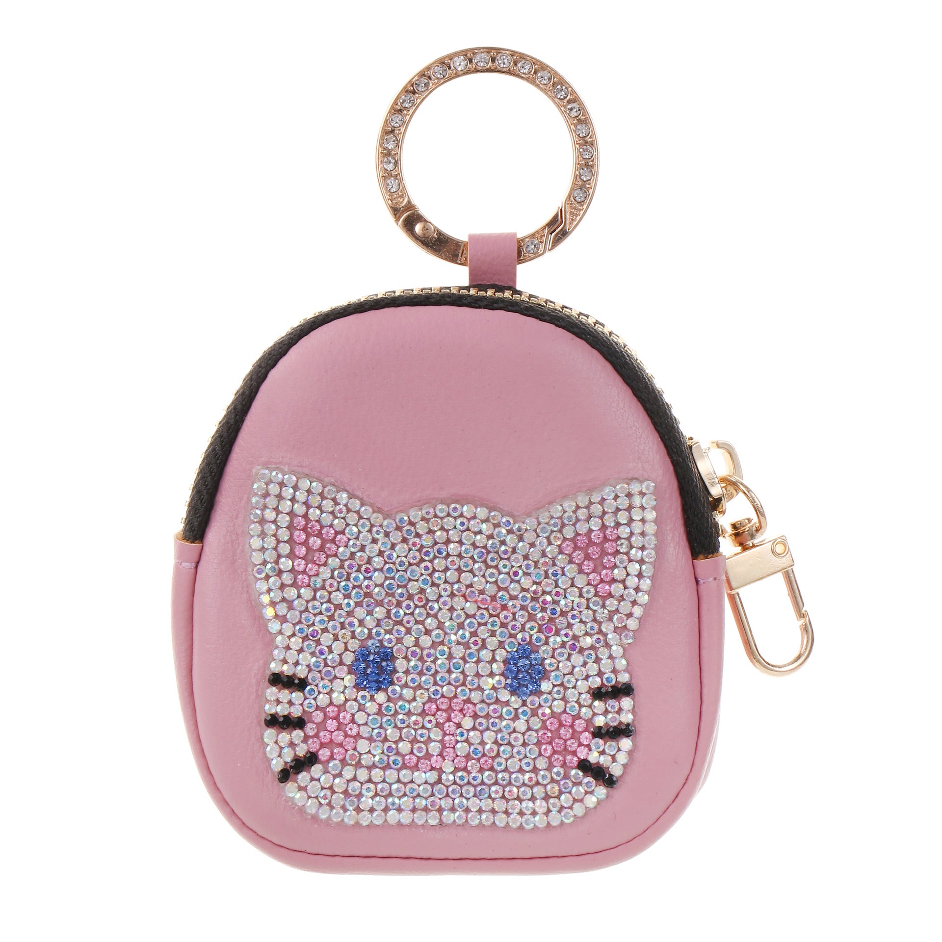 Wholesale Cute Cat Faux Leather Keychain Zipper Pouch Rhinestone Embellished Pink Trendy Wedding Gift Boutique Resale Accessory