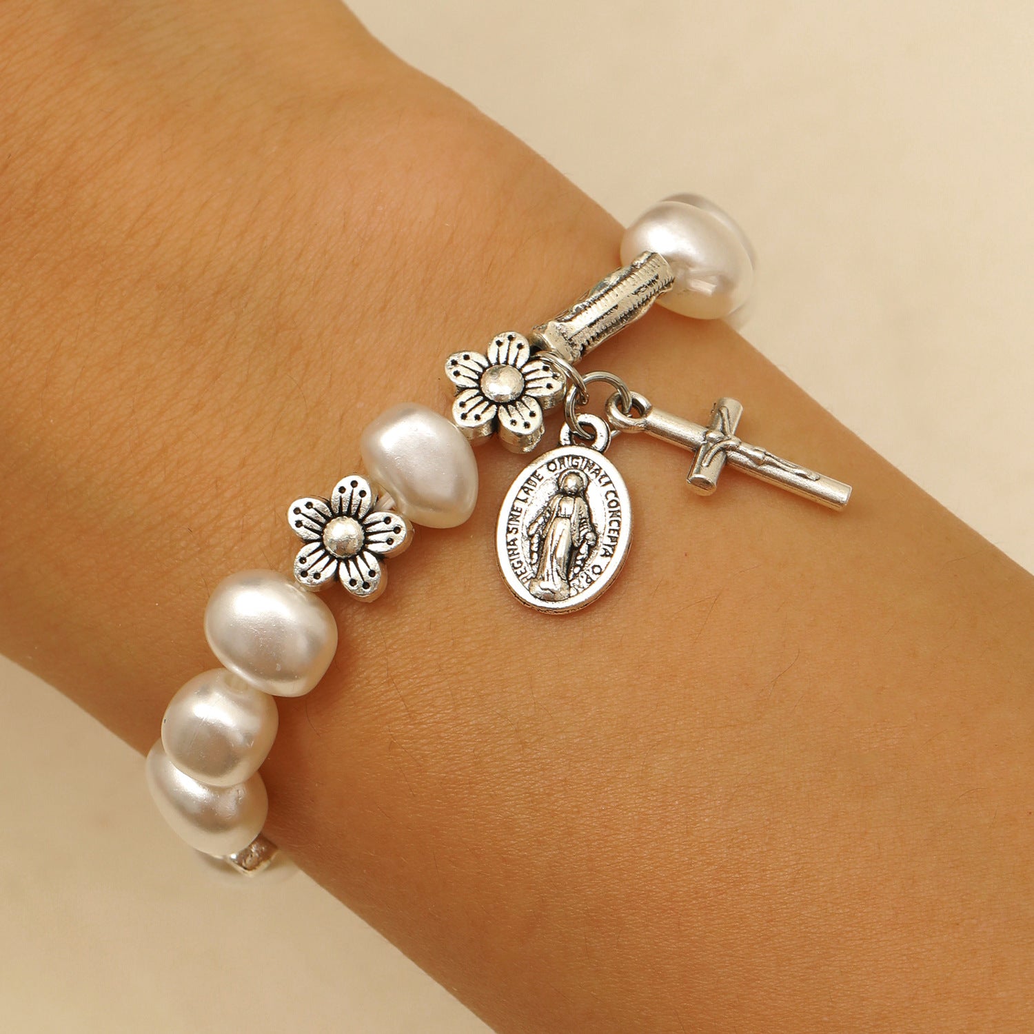 Wholesale Alloy man-made pearl beaded flower and cross Virgin Mary bracelet