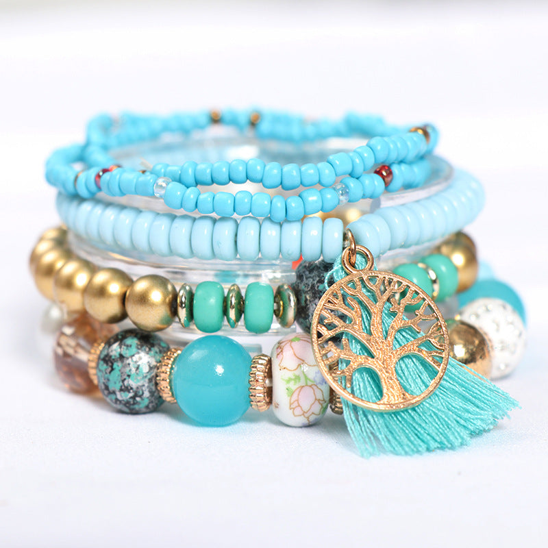 Wholesale bohemian multi-layer tree of life tassel pendant beaded bracelet