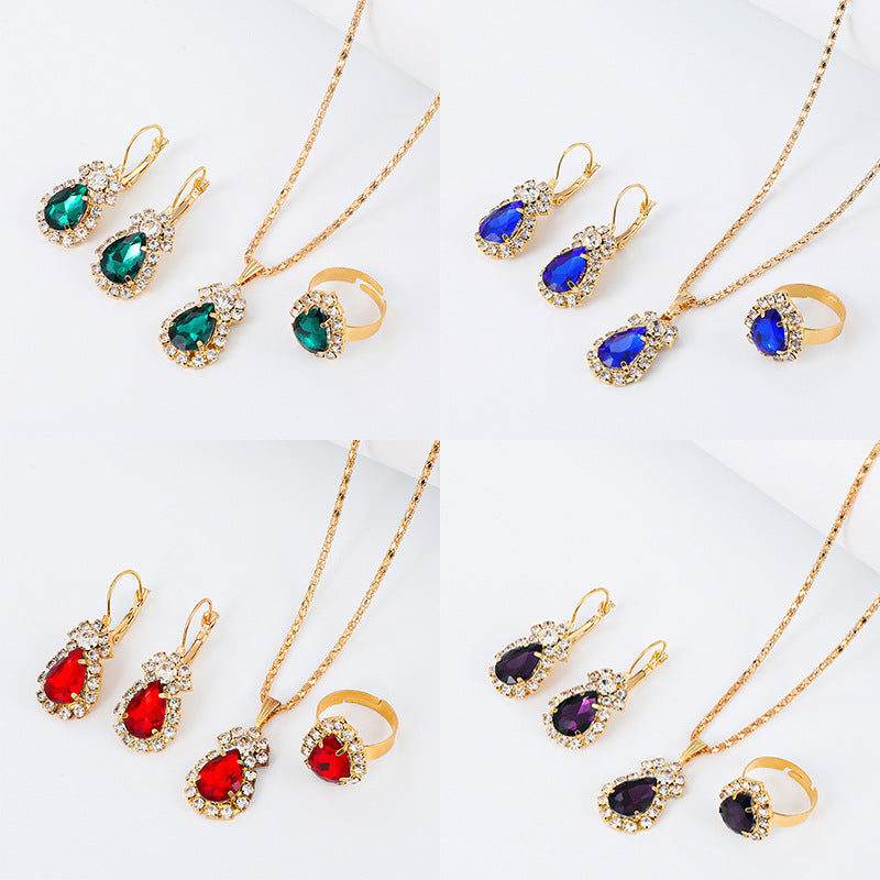 Wholesale Colorful rhinestone necklace earrings and ring set
