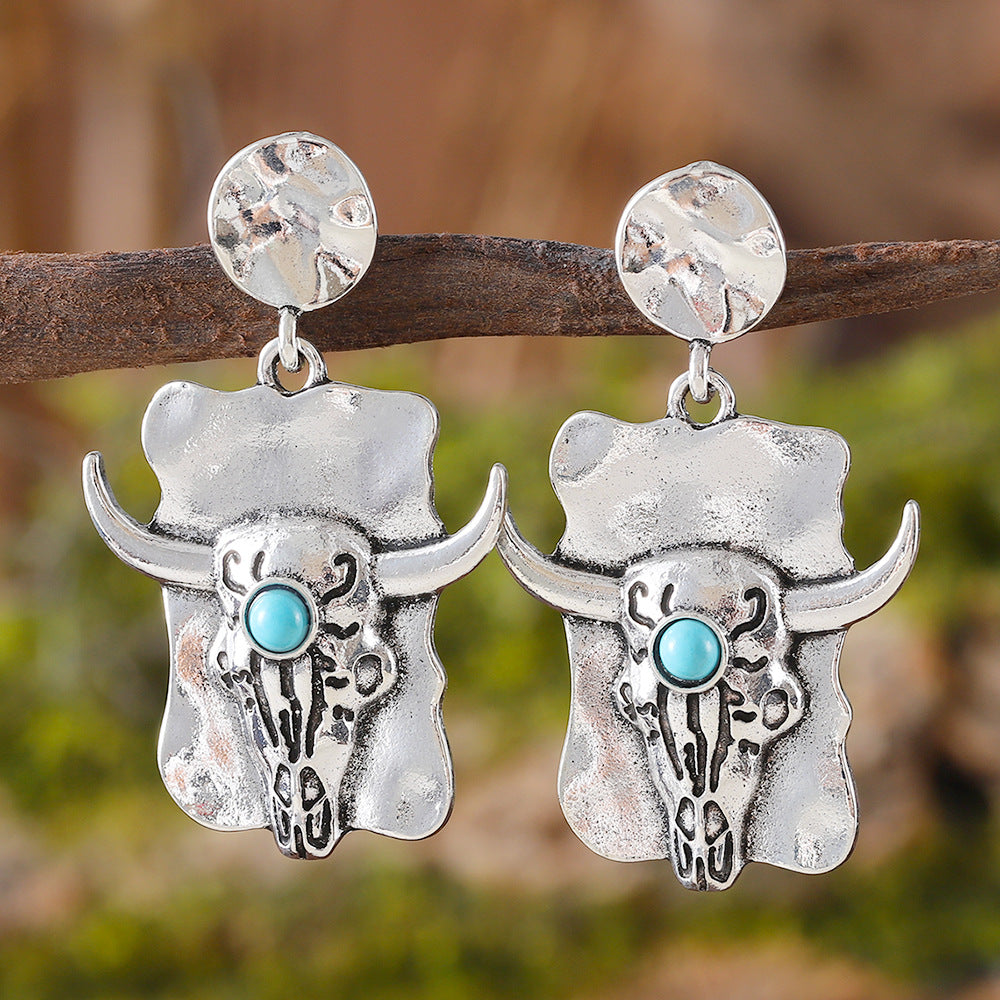 Wholesale  retro ethnic style inlaid turquoise cow head earrings
