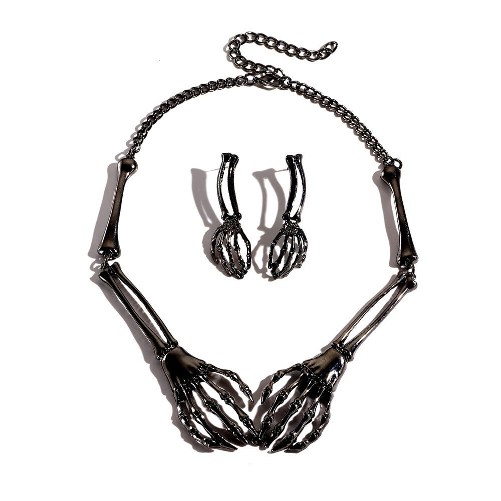 Wholesale Silver Tone Skeleton Hand Necklace and Earrings Set  Fashion Jewelry Accessory