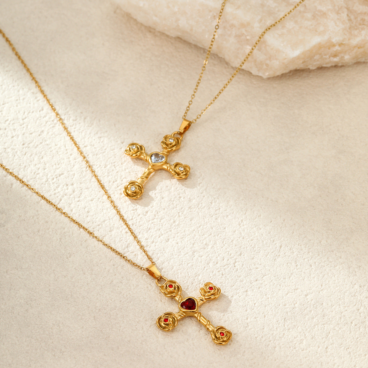 Wholesale  stainless steel 18k gold diamond rose cross pendant necklaces