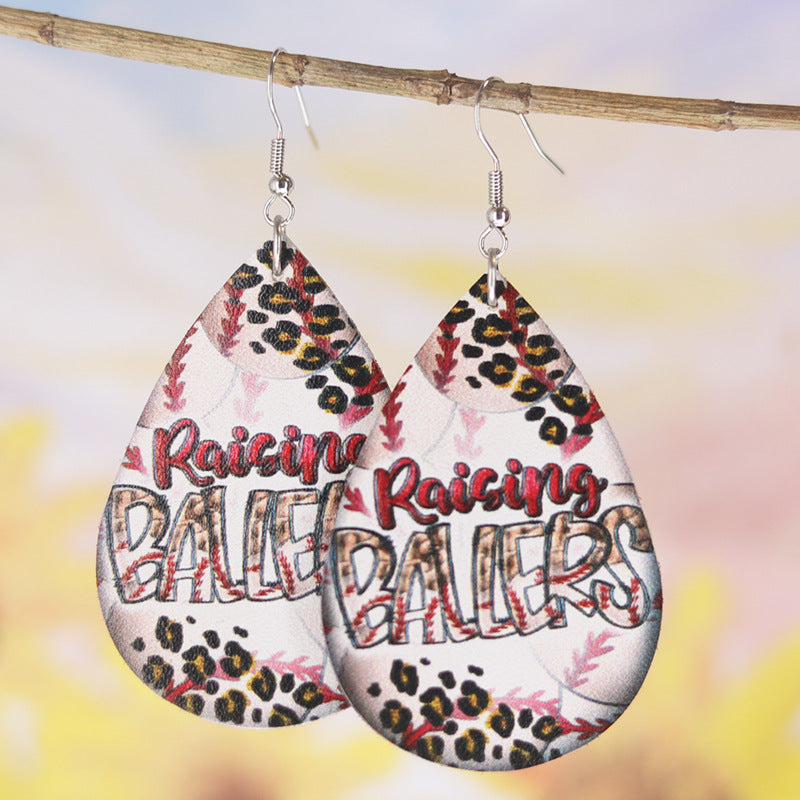 Wholesale  Baseball Leopard Print Women Teardrop Shape PU Leather Earrings