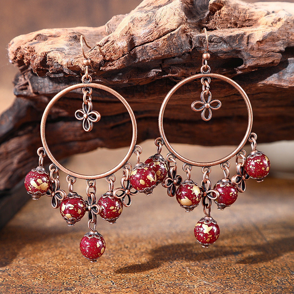 Wholesale Vintage Chinese Style Red Tassel Earrings Long Exaggerated Party Wear Jewelry Accessory