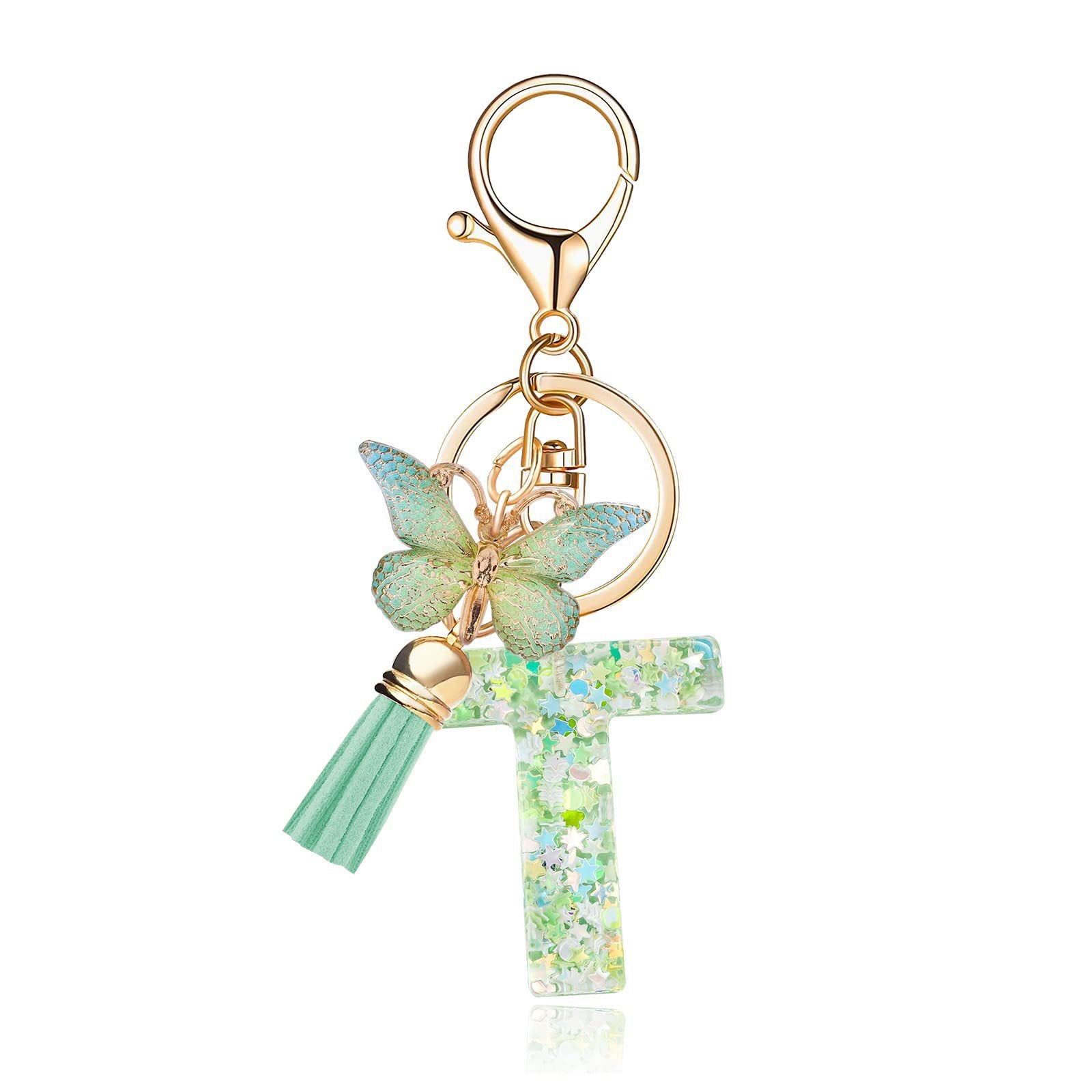 Wholesale 26 letter keychain green butterfly glue keychain