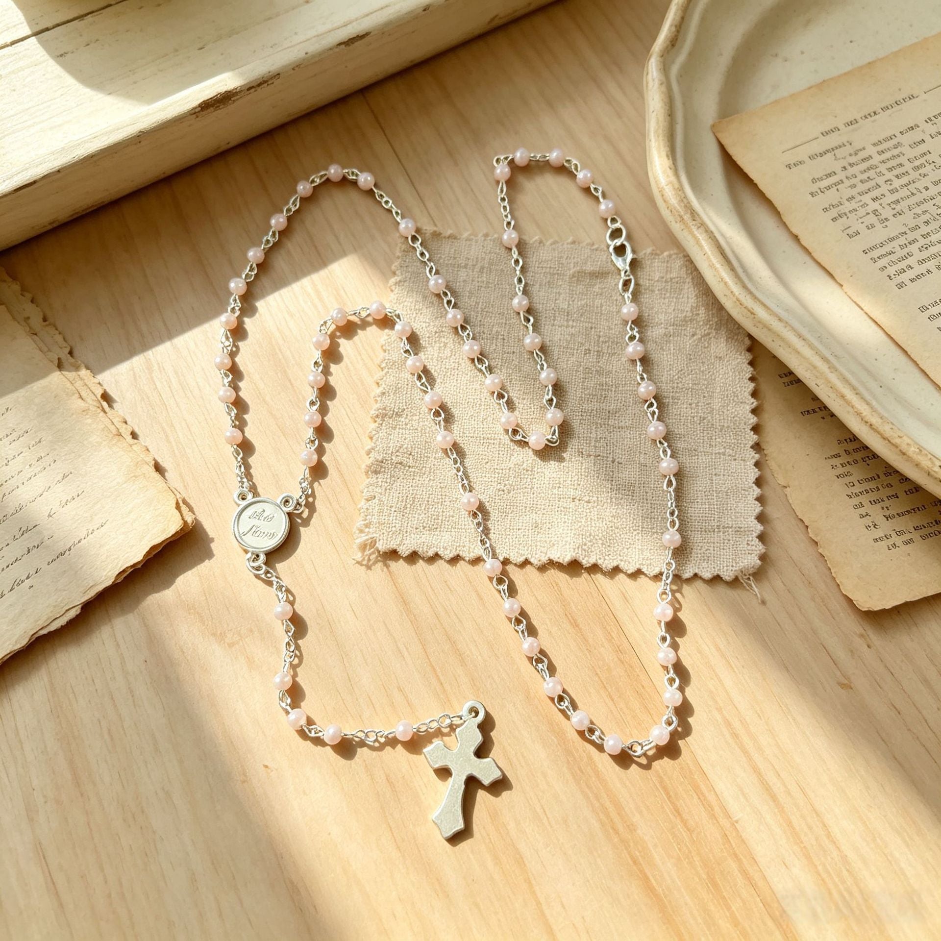 Wholesale Vintage Cross Imitation Pearl Rosary Necklace Fashion Accessory for Layering