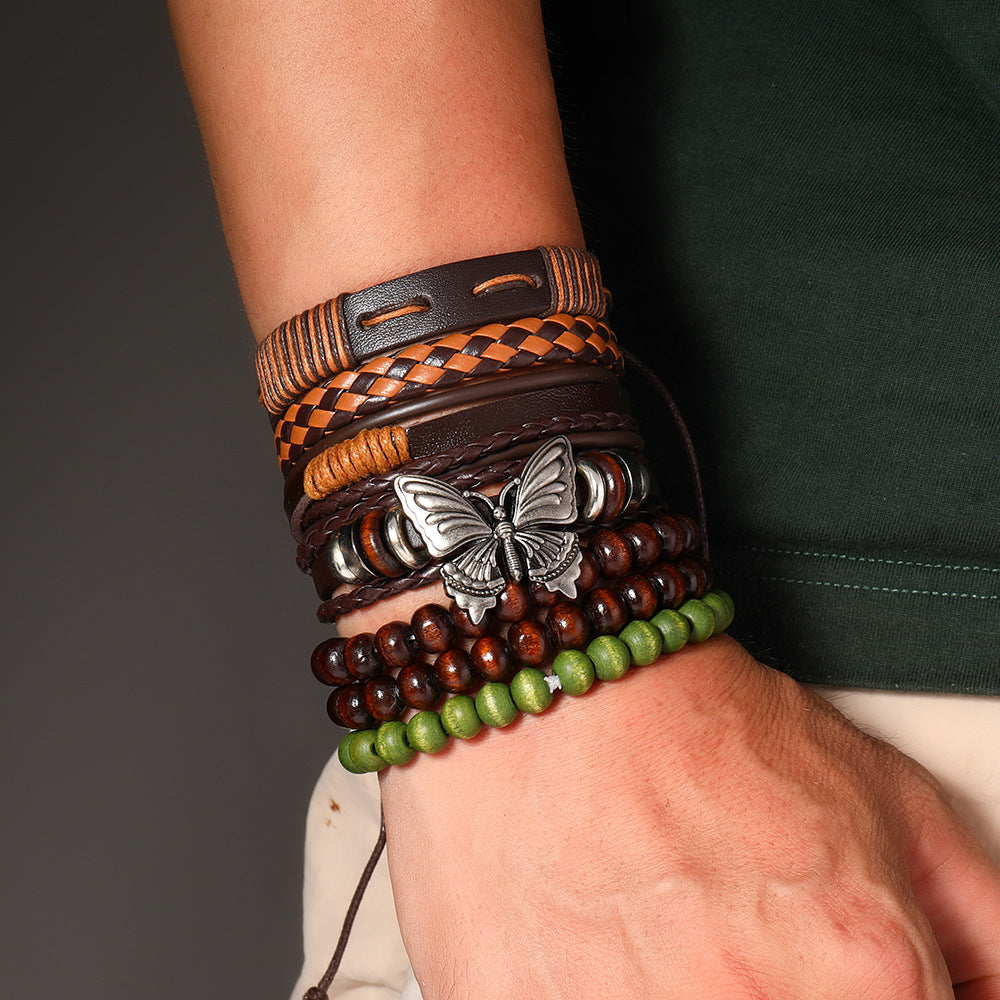 Wholesale Stylish Retro Butterfly Handmade Leather Bracelet Set 6 Piece Unisex Jewelry Accessory For Gift And Boutique Resale
