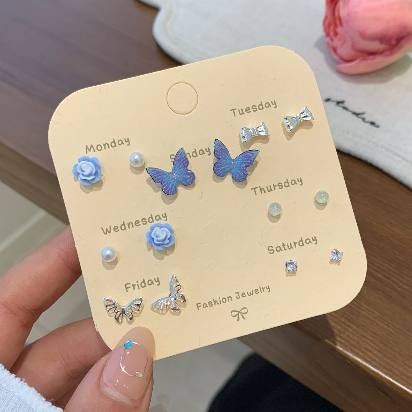 Wholesale Autumn Colorful Butterfly Flower Pearl Earring Set Silver Needle Small Sweet Earrings