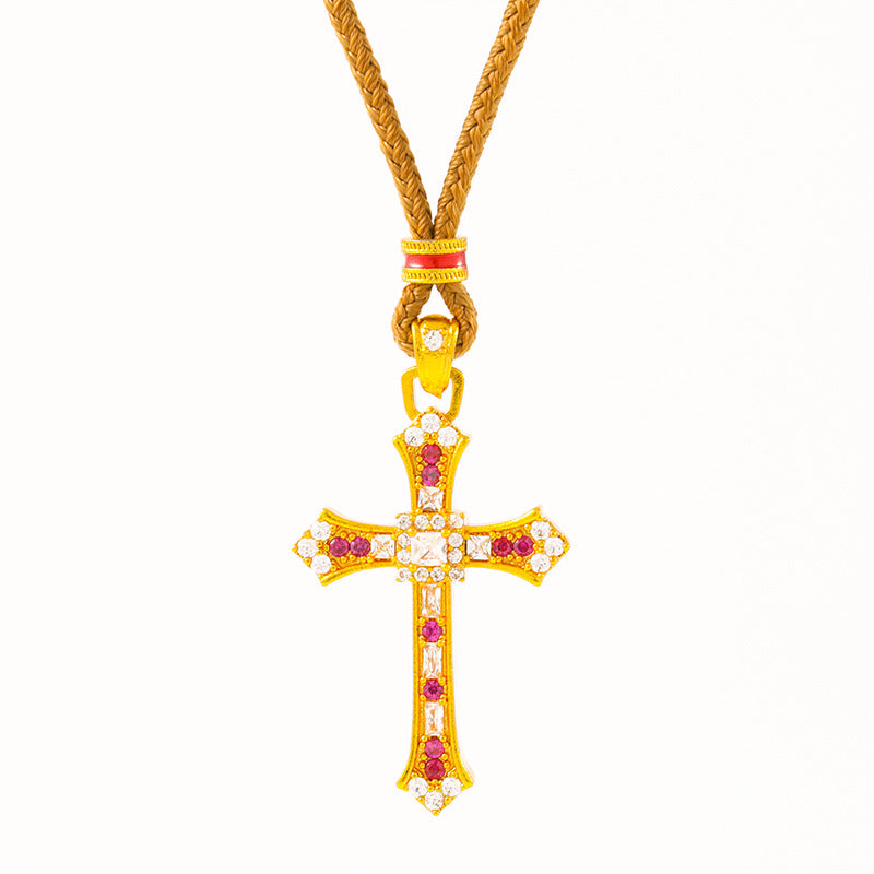 Wholesale Fashion Cross Pendant Necklace Gold Plated Copper Diamond Detail Jewelry Accessory for Women