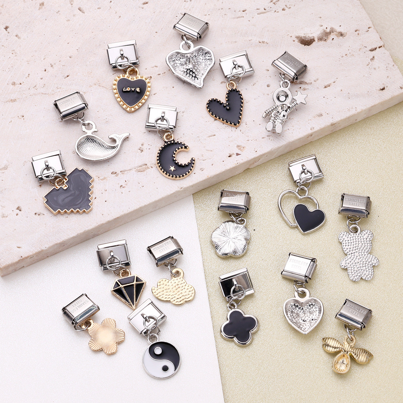 Wholesale 10pcs Italian Charm Bracelet 9mm DIY Splicing Black Oil Drop Series Stainless Steel Composable Bracelet