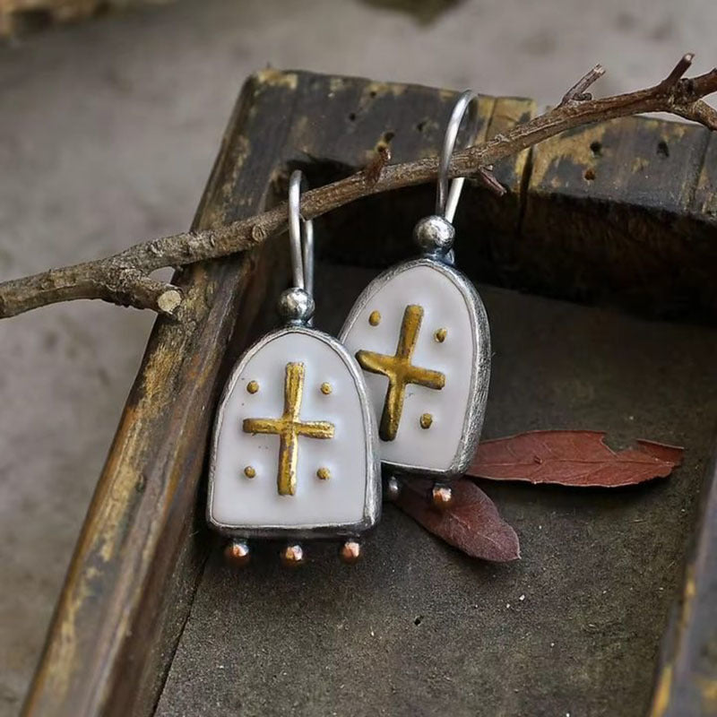 Wholesale Vintage gold cross personality earrings creative  geometric white enamel pendant earrings