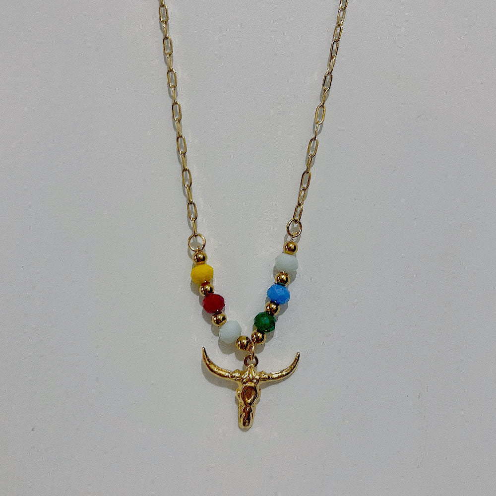 Wholesale Bohemian Bull Head Pendant Stainless Steel Natural Stone Necklaces ACC-NE-Youbi003