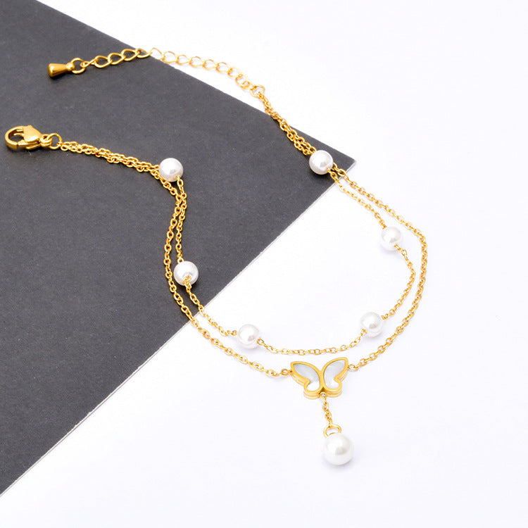 Wholesale Titanium Steel double-layer anklet Pearl butterfly  Shell anklet