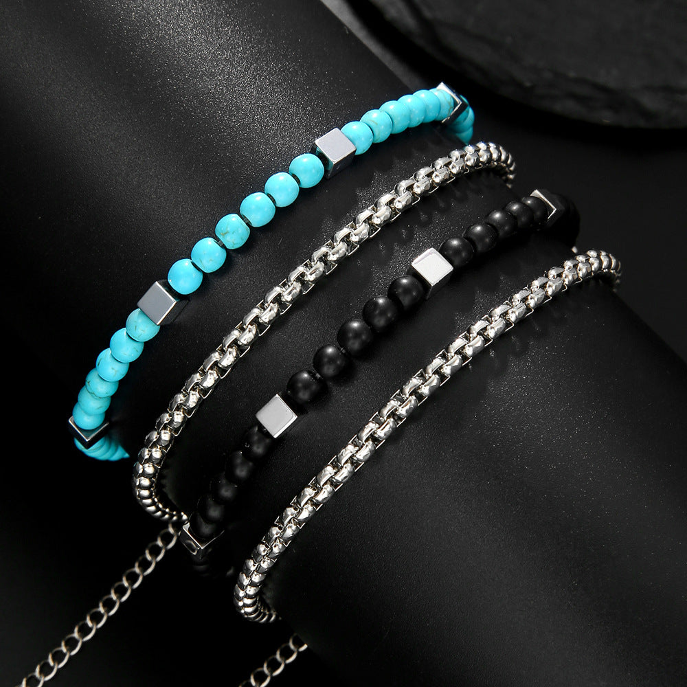 Wholesale Turquoise Black Gallstone Double Layer Bracelet Bohemian Style Trendy Jewelry Accessory Gift