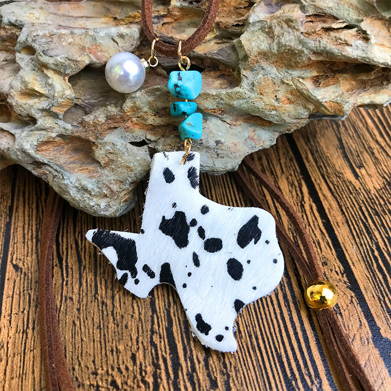 Wholesale 3pcs/pack Western Style Cow Head Texas Map Leopard Print Turquoise Pearl Cowhide Leather Necklace