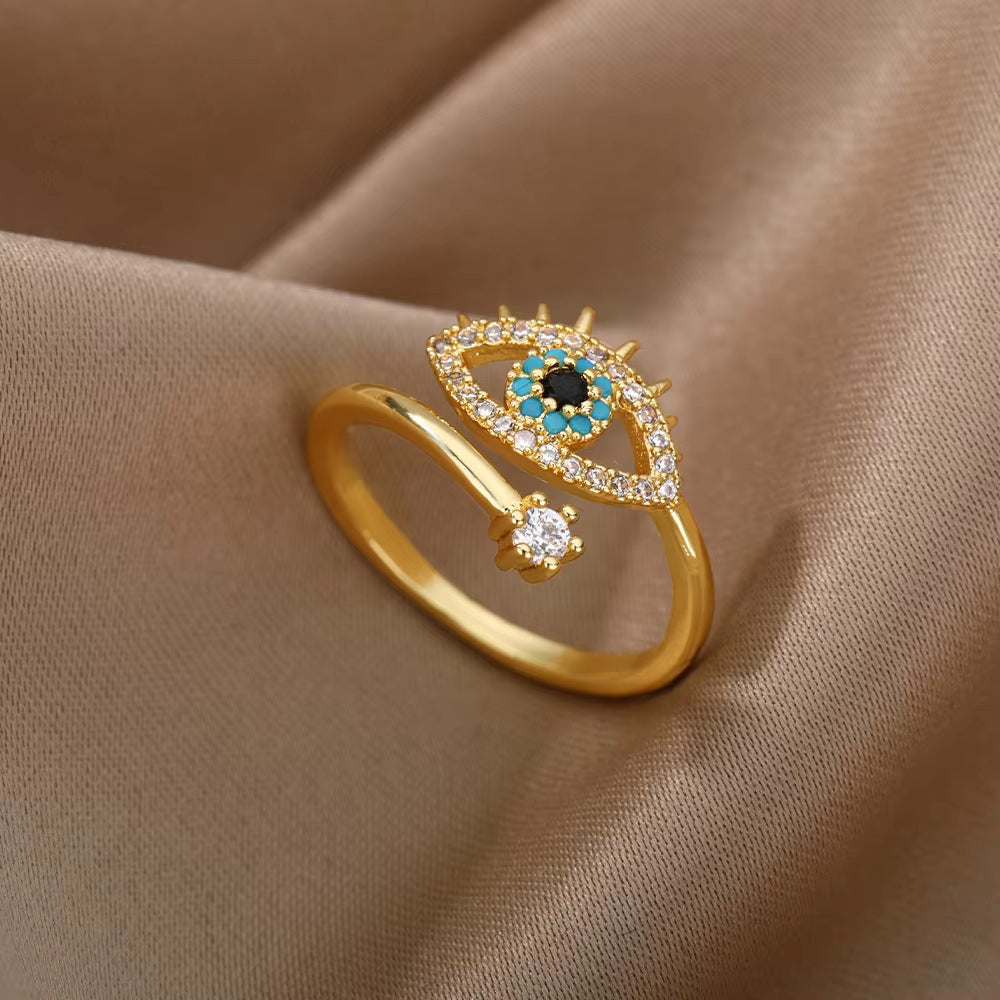 Wholesale Evil Eye Adjustable Ring Gold Plated Stainless Steel Zircon Jewelry Accessory