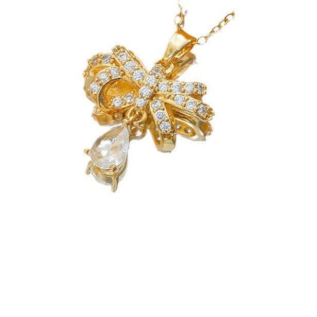 Wholesale Titanium Steel Bow Zircon Necklace and Earrings Set for Women Everyday Jewelry